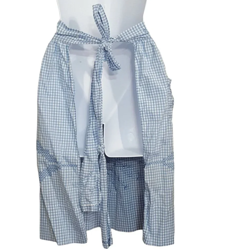 Half‎ Apron Blue White Gingham Cross Stitch Vintage 1950s Handmade Pocket